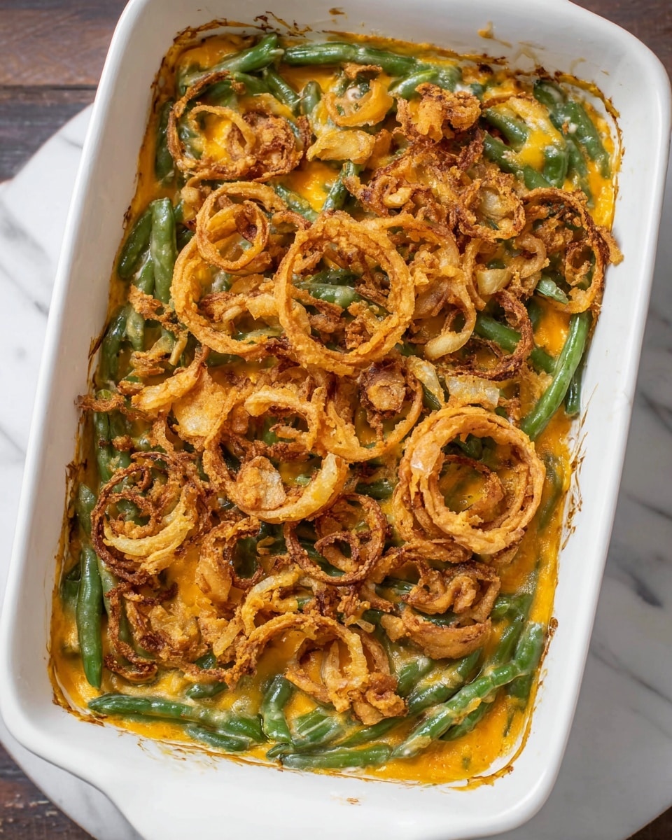 A white rectangular baking dish holds a green bean casserole with a clear layer of green beans mixed with melted orange cheese covering most of the bottom layer. On top, golden brown crispy fried onion rings are spread all over, adding texture and color contrast. The edges of the dish show some cheese sticking to the sides. The dish sits on a white marbled textured surface. photo taken with an iphone --ar 4:5 --v 7