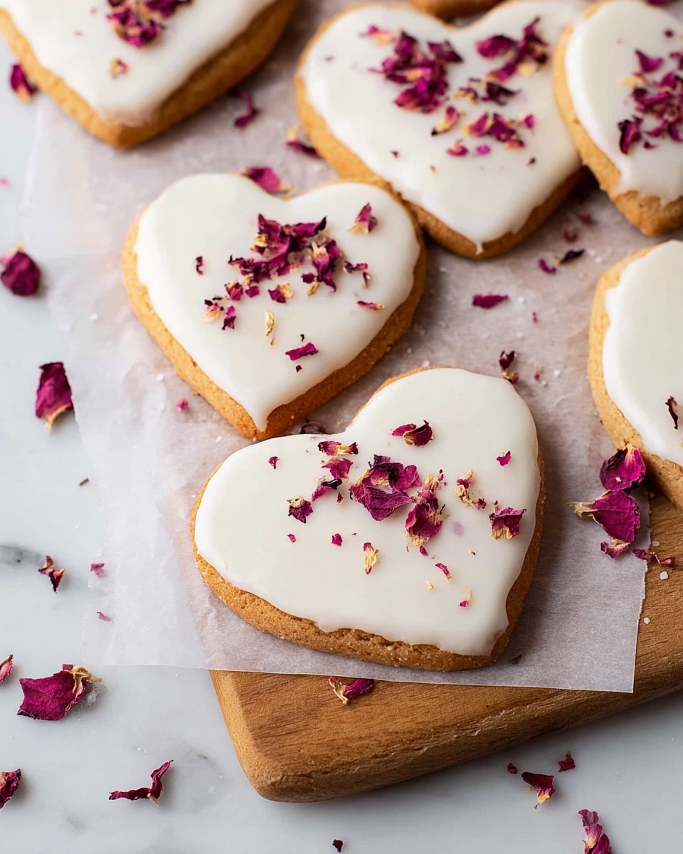 The image shows multiple heart-shaped cookies with a smooth, thick layer of white icing on top. Each cookie is decorated with small pieces of dark pink and red flower petals scattered unevenly across the icing. The cookies are light golden brown with a slightly rough texture under the icing. They are placed on a sheet of parchment paper that lies over a wooden board, with the whole setting on a white marbled surface. Some petals are also scattered around the cookies on the surface. photo taken with an iphone --ar 4:5 --v 7