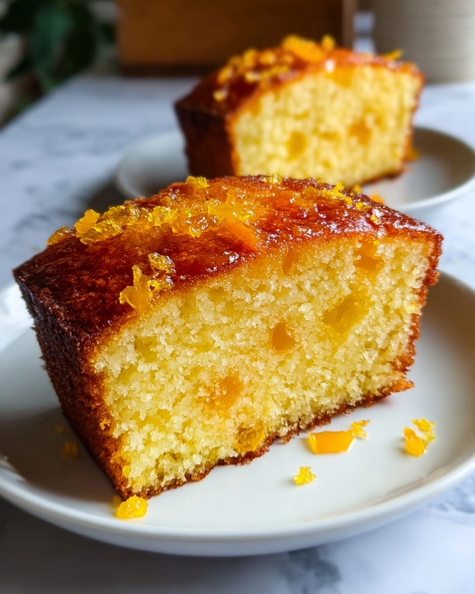 Two slices of orange cake rest on a white plate set on a white marbled surface. Each slice shows one visible layer of moist, soft yellow cake with small pieces of orange fruit mixed inside. The top layer is a slightly darker, glossy caramelized orange crust with shiny chunks of orange zest scattered on it. The edges are golden brown and slightly crisp, contrasting with the light, airy inside. The background is softly blurred, highlighting the bright, inviting cake. photo taken with an iphone --ar 4:5 --v 7