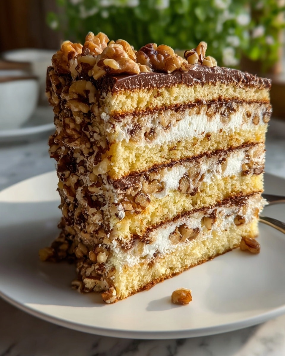 A close-up view of a tall slice of layered cake on a white plate set on a white marbled surface. The cake has multiple alternating layers of light yellow sponge and creamy white frosting mixed with pieces of walnut and caramel. Between the sponge layers is a thin, dark brown layer of chocolate adding contrast. The top of the cake is covered with chopped walnuts and a chocolate layer, giving a rough textured look. Soft natural light highlights the moist sponge and rich mix of nuts, with some green plants blurred in the background. photo taken with an iphone --ar 4:5 --v 7