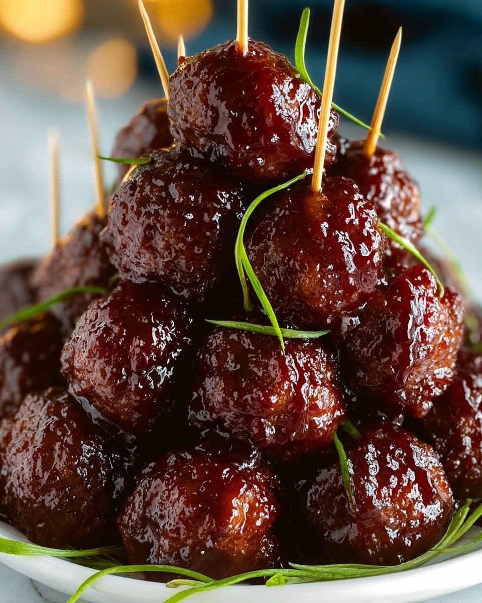 A pyramid stack of small, glossy, dark brown meatballs covered in a thick sticky glaze sits on a white plate against a white marbled texture background. Each meatball is pierced with a wooden toothpick from top to bottom. Thin, bright green herb leaves are scattered around the meatballs, adding fresh color contrast. The surface of the meatballs looks shiny and textured, with the glaze catching the light, highlighting their rich color and juicy appearance. photo taken with an iphone --ar 4:5 --v 7