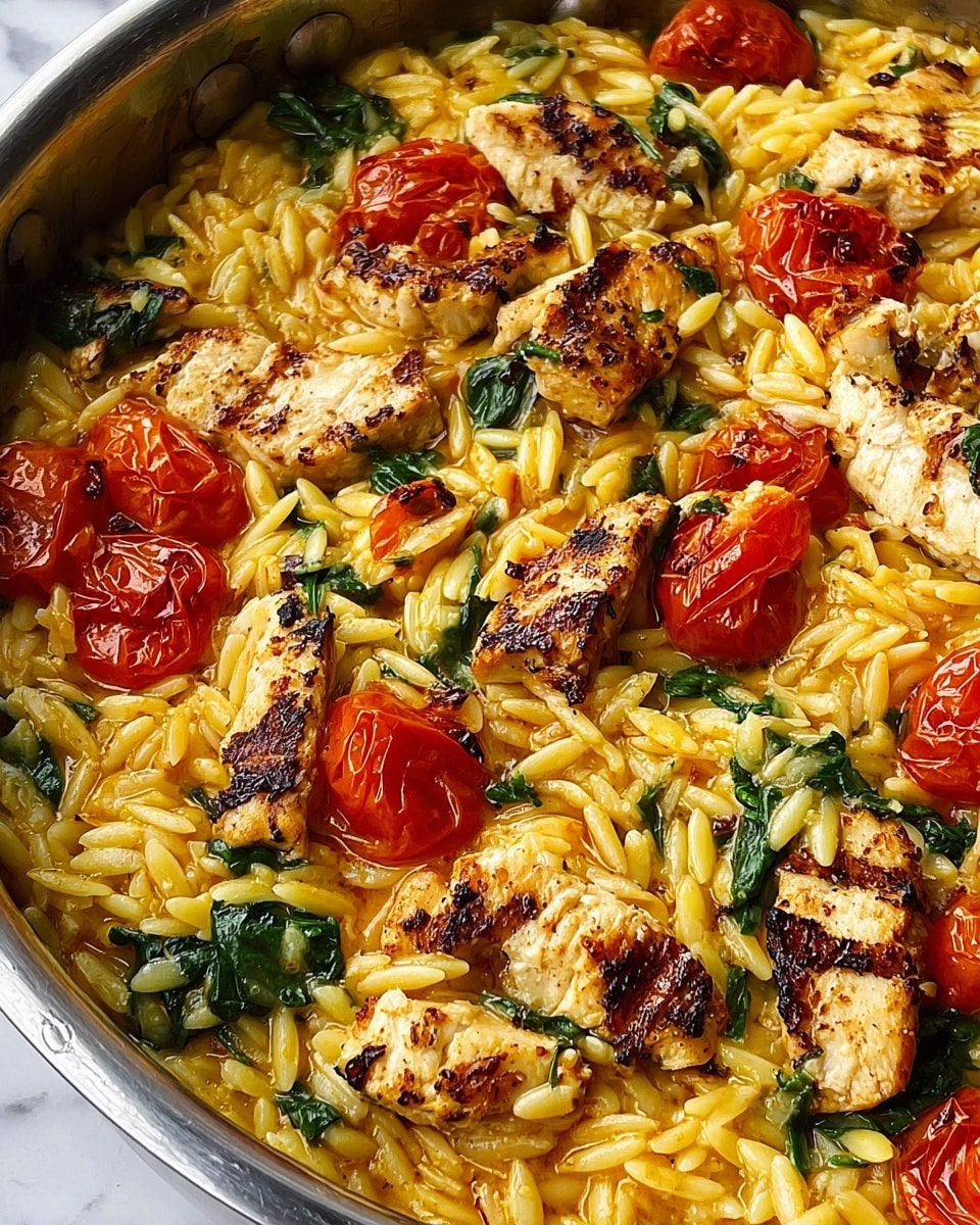 A close-up image of a one-layer dish in a metal pan filled with a rich, orange-colored rice base that has a soft, slightly creamy texture. Spread evenly across the rice are several pieces of golden-brown grilled chicken with clear char marks, creating a contrast of light tan and dark brown colors. Interspersed among the chicken are bright red roasted cherry tomatoes, slightly wrinkled and glossy, adding a shiny texture. Scattered fresh green spinach leaves add a pop of green and a fresh look throughout the dish. The background is a white marbled texture. Photo taken with an iphone --ar 4:5 --v 7