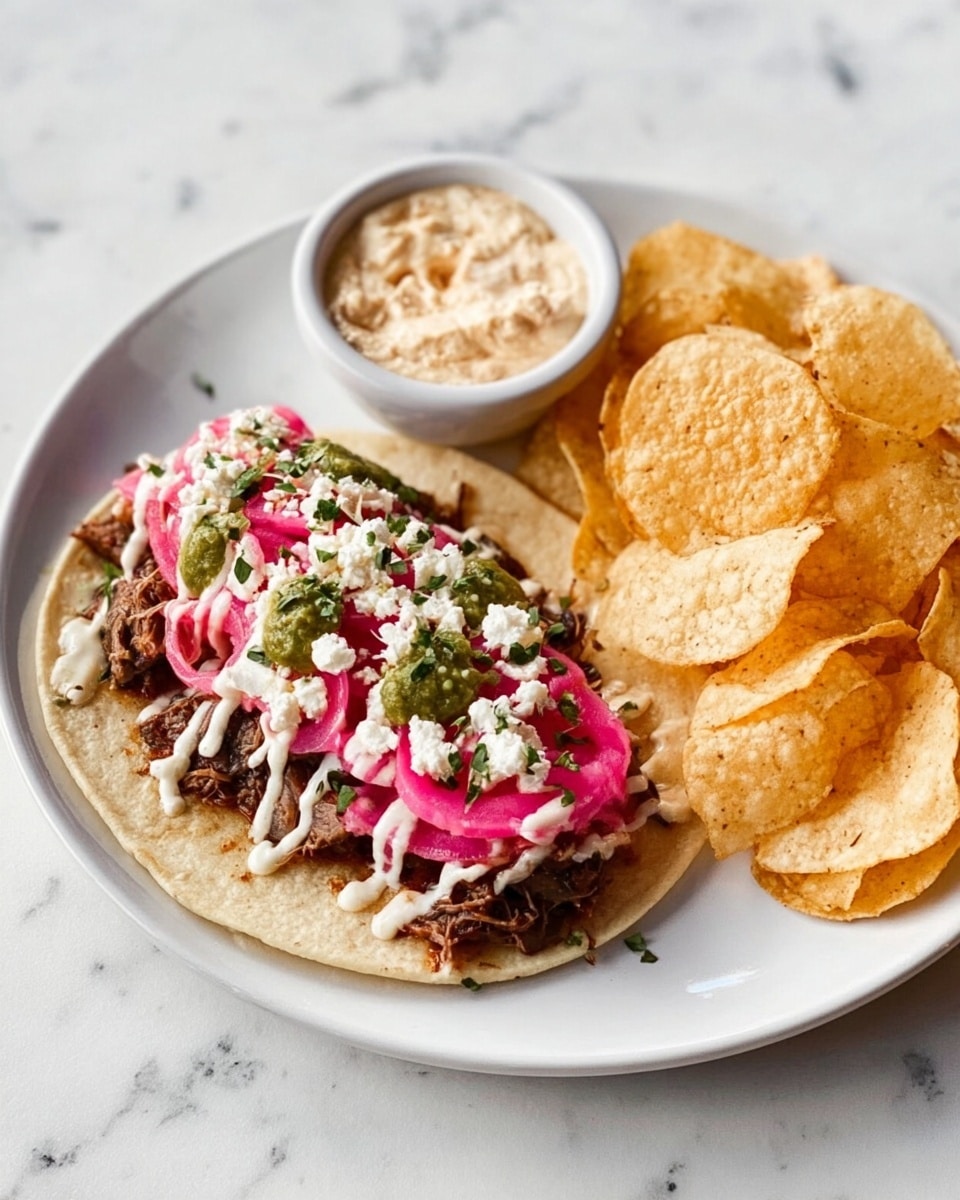 A white plate holds a taco and a side of chips with dip. The taco has one soft tortilla as the base. On it, there is a layer of dark brown shredded meat, topped with bright pink pickled onions, small white crumbles of cheese, dollops of green sauce, and a drizzle of creamy white sauce, garnished with tiny green herbs. Next to the taco is a small white bowl filled with a pale creamy dip. To the right of the bowl are many thick, round, light golden-yellow chips. The plate sits on a white marbled surface. Photo taken with an iphone --ar 4:5 --v 7