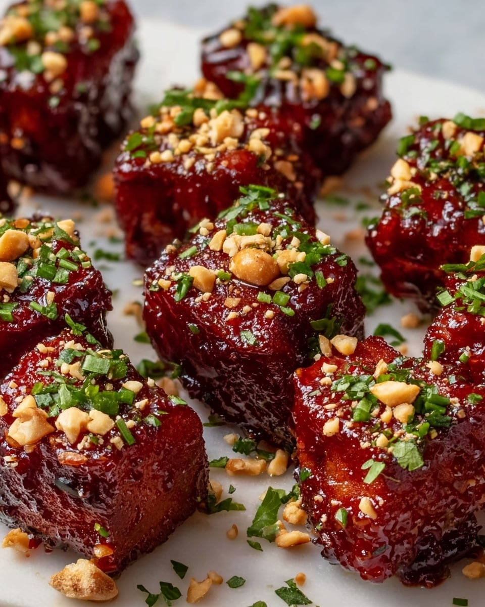 The image shows several bite-sized pieces of deep reddish-brown glazed meat arranged closely on a white marble surface. Each piece is coated with a shiny, sticky sauce that gives a glossy and slightly textured look. On top of the meat pieces, there are small chunks of light brown crushed nuts and bright green fresh chopped herbs scattered evenly, adding contrast and color. The meat looks tender with a slightly crisp outer layer, and the cuts are mostly rectangular or square with rough edges. photo taken with an iphone --ar 4:5 --v 7