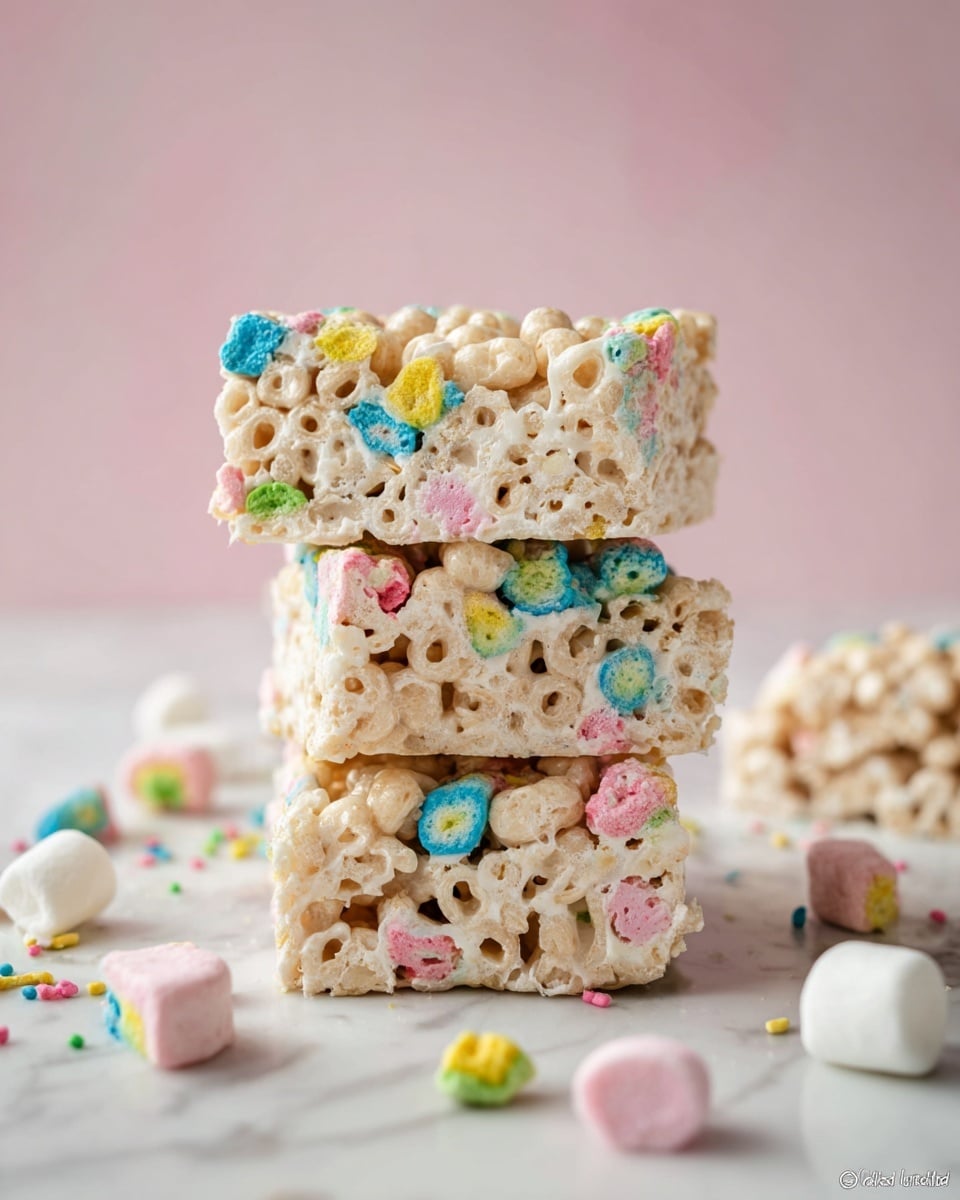 The image shows a close-up of three stacked cereal marshmallow bars with a soft, sticky texture. Each bar is light beige from the puffed rice cereal mixed with white melted marshmallows, holding colorful cereal marshmallows in blue, pink, yellow, and green sprinkled throughout. The bars have small irregular holes and a glossy surface from the marshmallow bind. Around the stack, some loose colorful cereal marshmallows and small white marshmallows lie on a white marbled surface, with a soft pink background behind. photo taken with an iphone --ar 4:5 --v 7