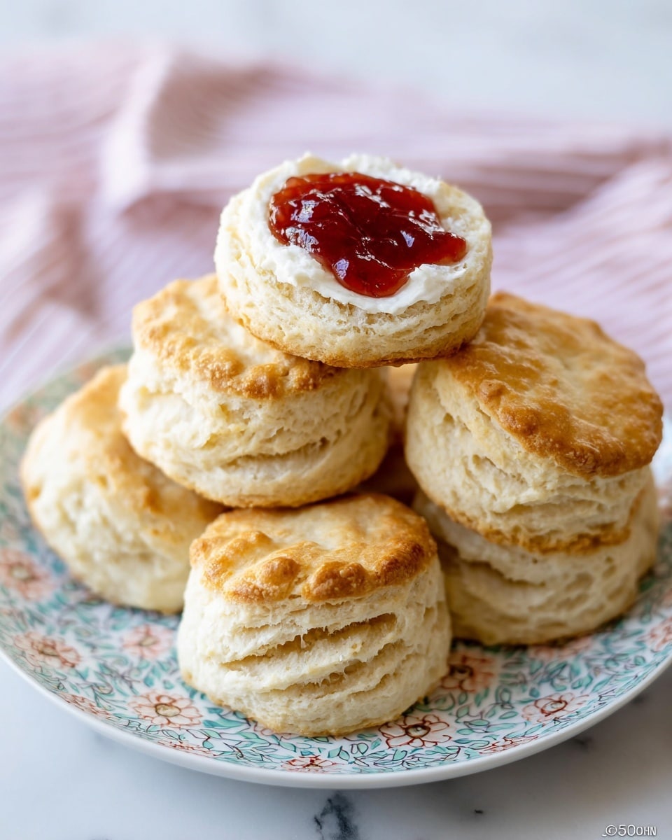 A stack of five golden brown biscuits sits on a white plate with a detailed floral pattern. The biscuits have multiple flaky layers visible around the edges, showing a light, airy texture. On top of the stack, an opened biscuit reveals a soft, white inside with a dollop of shiny, deep red jam placed in the center. The plate rests on a white marbled surface, and a soft pink and white striped cloth is slightly blurred in the background. photo taken with an iphone --ar 4:5 --v 7