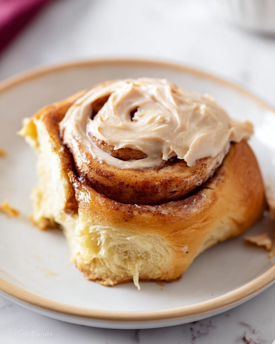 A close-up view of a cinnamon roll placed in the center of a white plate with a slightly raised edge, showing three visible layers: the bottom is a light golden-brown baked dough base with a soft, fluffy texture, the middle layer has a tightly coiled swirl of cinnamon filling with a deeper brown color, and the top layer is thickly covered with beige cream cheese frosting that has a smooth yet cracked appearance, some frosting is slightly peeling off the sides. The cinnamon roll is tearing slightly on one side, showing the soft inner dough. The plate rests on a white marbled surface. Photo taken with an iphone --ar 4:5 --v 7
