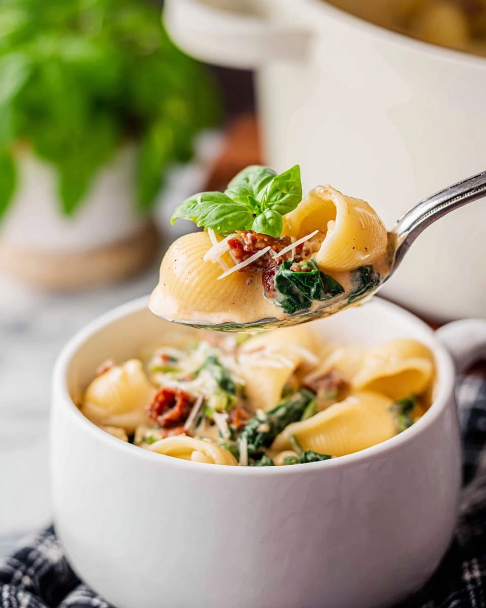 A close-up image shows a white cup filled with a creamy pasta dish. The bottom layer inside the cup is light yellow pasta shells covered with a smooth, creamy white sauce. Mixed in the pasta are dark green spinach leaves and small reddish-brown pieces of sun-dried tomatoes. There are also thin shavings of pale cheese sprinkled on top and a fresh bright green basil leaf sits at the center. A silver spoon holds a scoop of the pasta, spinach, and sauce just above the cup. The background includes a large white pot and a blurred green plant, all set on a white marbled surface with a black and white cloth nearby. Photo taken with an iphone --ar 4:5 --v 7