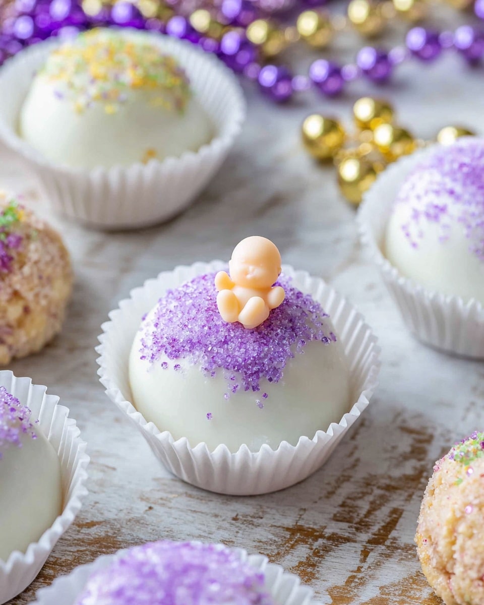 A white rounded dessert placed inside a white paper cup, covered with smooth white icing and sprinkled with small purple sugar crystals, topped with a tiny plastic baby's head and arms emerging from the center, surrounded by similar treats and partial views of other confections on a white marbled textured surface, with strands of purple and gold beads in the background. photo taken with an iphone --ar 4:5 --v 7