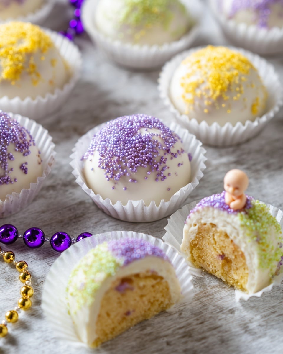 The image shows several small round cakes shaped like domes placed in white paper liners on a white marbled texture. Each cake is covered in a smooth white coating and sprinkled with colored sugar crystals - purple, yellow, and green. One cake with purple sugar has a small plastic baby doll figure poking out from the top center. Some cakes are whole while others are cut in half, revealing a dense, yellowish interior. String beads in purple and gold lay casually around the cakes, adding a festive touch. The lighting highlights the soft texture and colorful sugar sprinkles on the smooth white dome tops. photo taken with an iphone --ar 4:5 --v 7