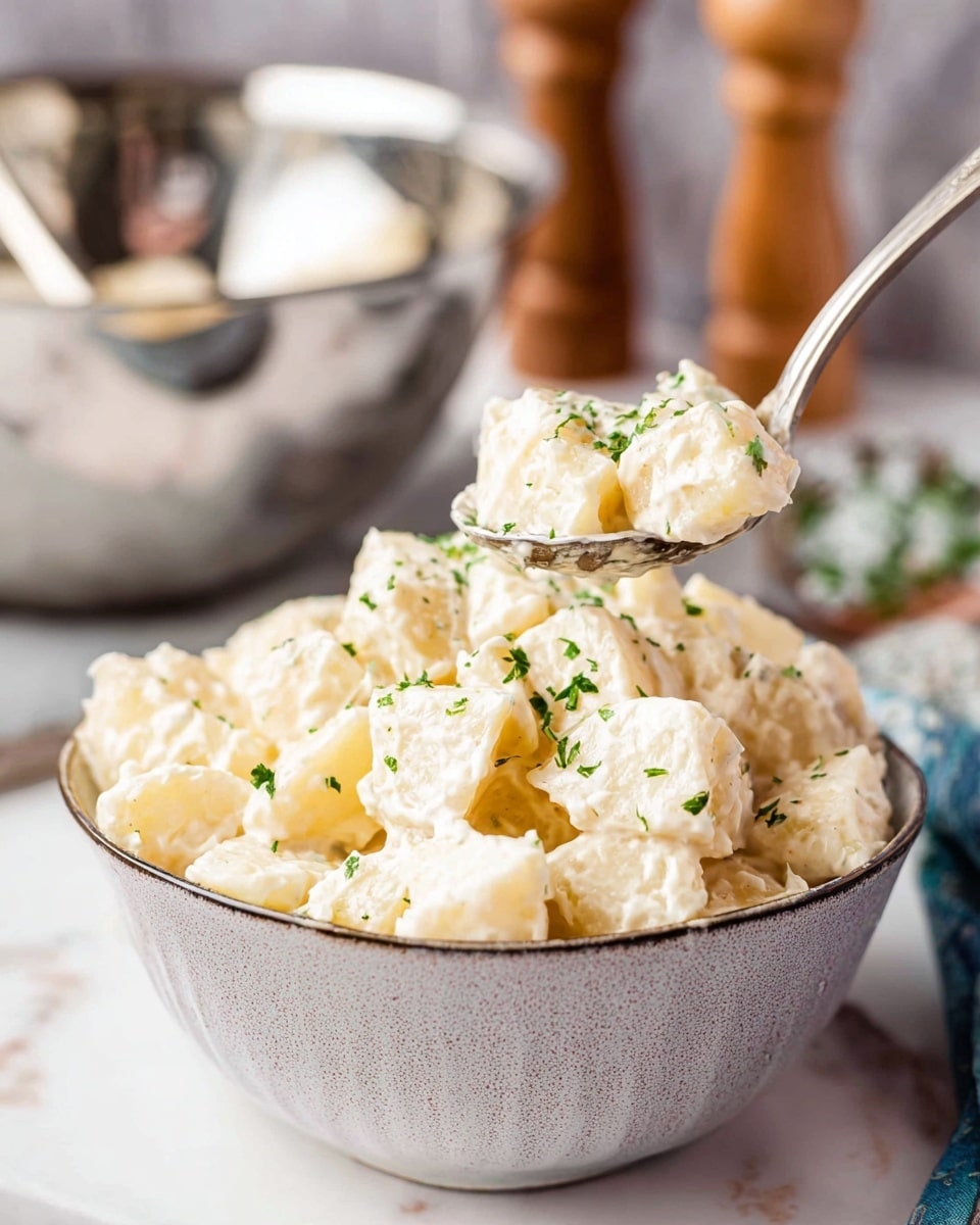 A bowl filled with creamy potato salad made of creamy white sauce-coated potato cubes, sprinkled with small green herb pieces on top, sits on a white marbled surface; a silver spoon above the bowl holds a scoop of the same creamy potato salad, showcasing the thick sauce texture and the soft potato cubes. In the blurred background, a shiny metal mixing bowl and salt and pepper shakers are visible. Photo taken with an iphone --ar 4:5 --v 7
