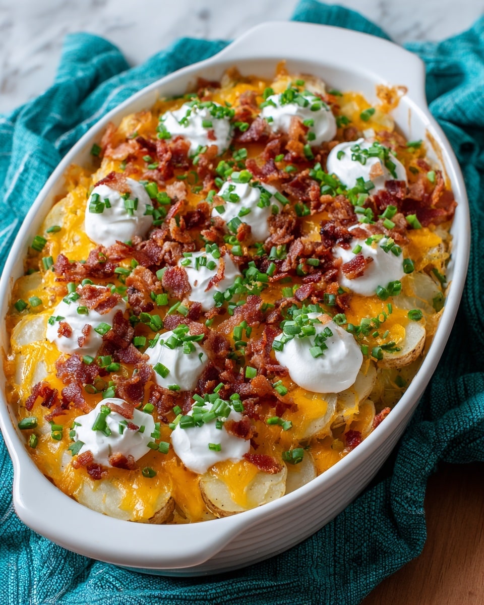 A white oval dish filled with a layered casserole starting with a base of golden brown crispy potatoes, covered by a thick layer of melted sharp orange cheddar cheese. On top, there are evenly spaced dollops of smooth white sour cream, scattered with small chunks of crispy dark brown bacon and finely chopped bright green scallions and parsley, adding fresh color. The dish rests on a turquoise fabric placed over a white marbled surface, showing a cozy and inviting meal. photo taken with an iphone --ar 4:5 --v 7