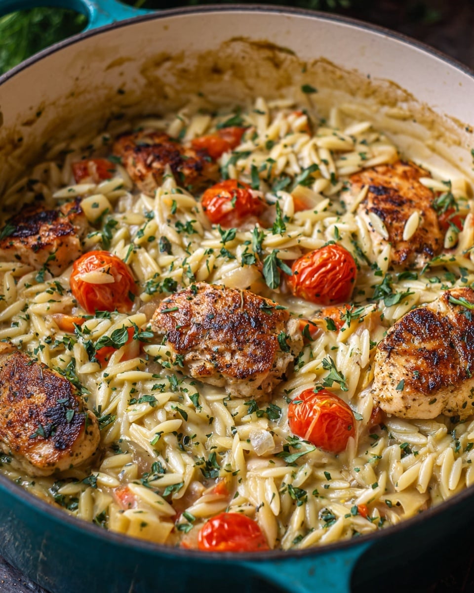 A large white pot with teal handles filled with a creamy orzo dish, showing a base of small, pale yellow orzo pasta mixed with pieces of light brown cooked onions and small chunks, all coated in a creamy sauce. On top, there are several golden-brown seared chicken pieces scattered evenly, along with bright red cherry tomato halves and sprinkled fresh green herbs giving a pop of color. The interior sides of the pot have some sauce residue, and the dish looks warm and hearty. Photo taken with an iphone --ar 4:5 --v 7