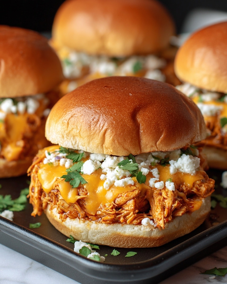 A close-up view of a chicken sandwich showing three layers inside a shiny, golden-brown bun. The bottom layer is light tan with a soft texture, topped by a thick layer of shredded chicken soaked in a rich orange barbecue sauce. Above the chicken, melted bright orange cheddar cheese drapes smoothly, followed by crumbled white cheese scattered over it. Small green cilantro leaves are sprinkled on top of the sandwich and the white marbled surface below. The sandwich rests on a clean black tray with two other similar sandwiches blurred in the background. photo taken with an iphone --ar 4:5 --v 7