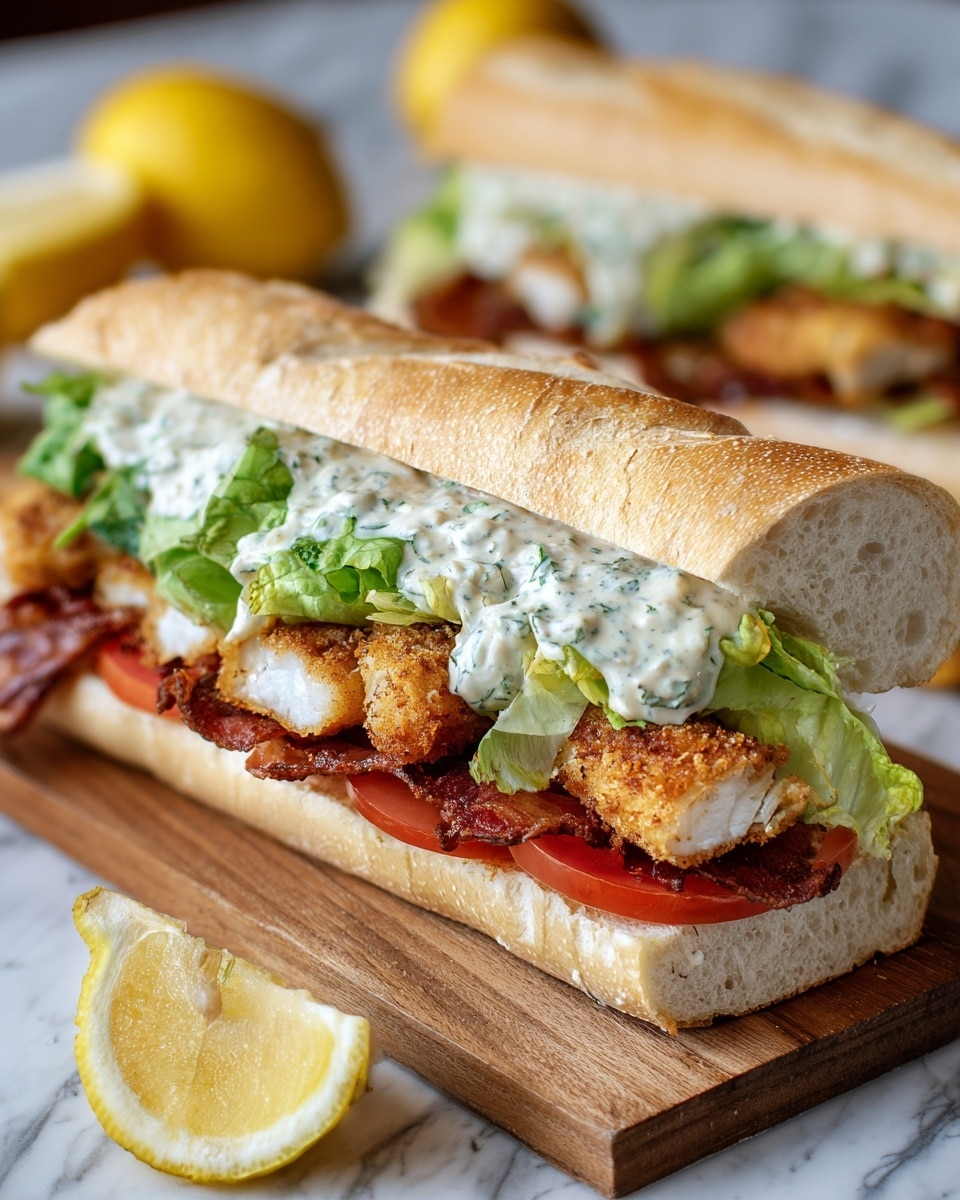 The image shows a sandwich on a white baguette cut horizontally, with four visible layers inside. The bottom layer is a slice of red tomato, followed by crispy bacon pieces that add a deep reddish-brown color. On top of the bacon are golden, breaded fish fillets with a crunchy texture. The next layer is fresh green lettuce, covered by a thick drizzle of creamy white sauce with green herb specks. The sandwich is placed on a wooden board, and there is a lemon wedge in front of it on a white marbled surface. Another similar sandwich is blurred in the background, along with some whole lemons. Photo taken with an iphone --ar 4:5 --v 7