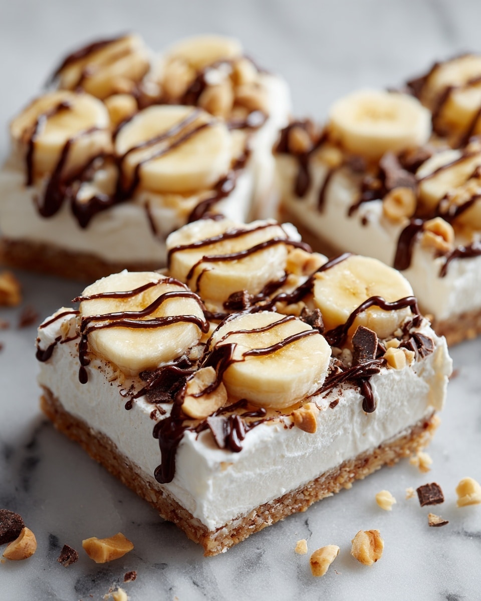 The image shows three square dessert bars layered on a white marbled surface. The bottom layer is a crumbly, light brown crust. Above it is a thick white creamy layer. On top, there are several banana slices arranged evenly across the surface. A dark chocolate drizzle runs diagonally across the bananas, adding contrast. Small chunks of chopped nuts and bits of chocolate are scattered on the top and around the bars. Photo taken with an iphone --ar 4:5 --v 7