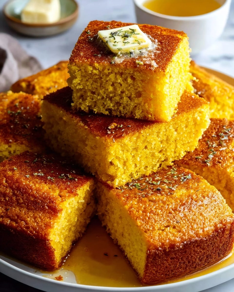 The image shows a white round plate filled with thick, square pieces of golden cornbread arranged in a circular layer, with one piece stacked on top of the others in the center. The cornbread has a slightly crispy, darker brown top and a moist, crumbly yellow inside. The top piece has a square of melted butter with herbs on it. Light syrup glistens on the surface and some pools at the bottom of the plate. The background is a white marbled surface with out-of-focus items like a cup of yellow liquid. Photo taken with an iphone --ar 4:5 --v 7