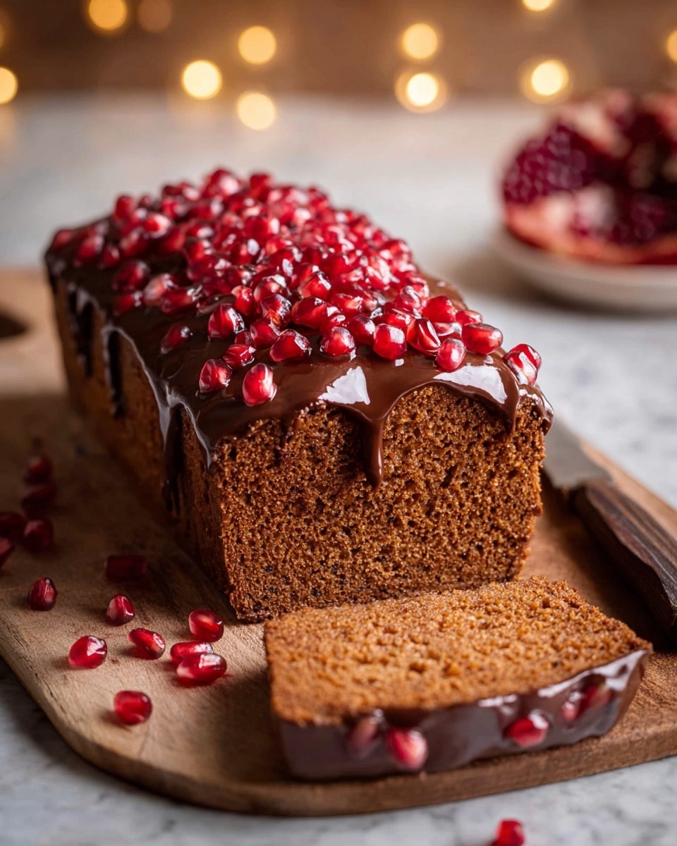 A rectangular chocolate cake with a smooth, shiny chocolate glaze covers the entire top and sides, sitting on a light wooden cutting board. The top of the cake is fully covered with bright red pomegranate seeds that add a vibrant and fresh contrast to the dark chocolate. The cutting board is placed on a white marbled surface, with a wooden-handled knife beside the cake on the right side. In the blurred background, there is a bowl filled with more pomegranate seeds on the left, a white small jug in the center, and a white plate holding a halved pomegranate on the right. Soft warm lights create a cozy atmosphere. Photo taken with an iphone --ar 4:5 --v 7