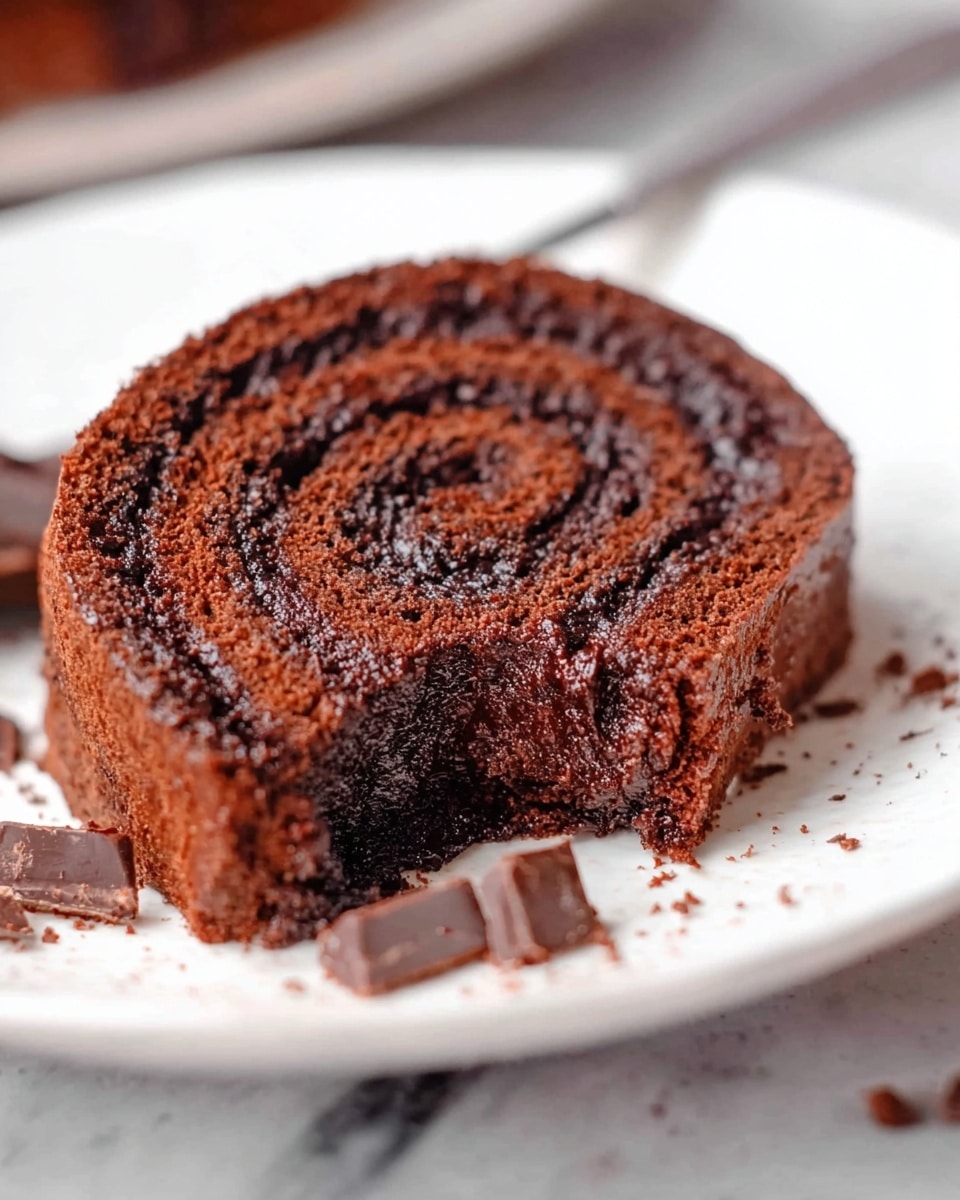 A close-up of a round chocolate cake roll on a white plate, showing three visible layers—two soft, spongy dark brown cake layers with a rich, glossy darker chocolate filling layer in between, spiraled tightly inside. The outer cake surface is textured with fine crumbs, and some small chocolate chunks rest in front on the plate. The front of the roll has a missing bite, revealing the moist, dense interior. The background is a white marbled texture. photo taken with an iphone --ar 4:5 --v 7