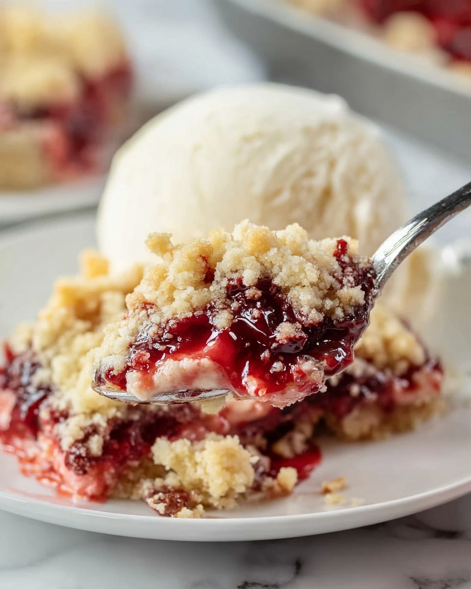 A close-up of a spoon holding a bite of a three-layer dessert with a crunchy crumb top layer that is pale beige, a middle layer of thick, shiny red berry filling, and a bottom layer of soft, darker crumb mixed with the filling; in the background, there is a white plate with more of the dessert and a round scoop of creamy white ice cream. The whole scene rests on a white marbled surface. photo taken with an iphone --ar 4:5 --v 7