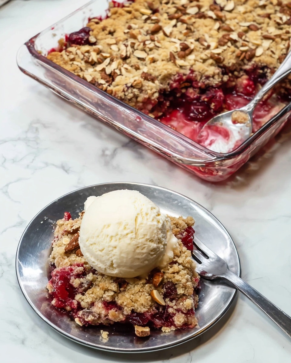 A square glass baking dish filled with a fruit crumble dessert that has a golden crumbly top layer with scattered chopped nuts, and a deep red fruit filling visible where a portion is scooped out from one corner. In front is a round silver plate with a large square portion of the crumble, showing the nutty crumbly layer on top and the juicy red fruit filling beneath. On top of the crumble on the plate is a large, creamy scoop of vanilla ice cream with a smooth texture. A metal fork rests on the plate next to the dessert. All items are placed on a white marbled surface. photo taken with an iphone --ar 4:5 --v 7