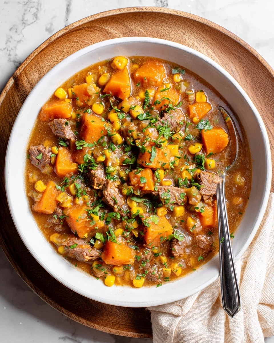 A white bowl sits on a round wooden tray over a white marbled surface, filled with a stew that has chunky layers of orange sweet potato pieces, yellow corn kernels, and small brown beef chunks in a thick, brownish broth. Finely chopped green herbs are sprinkled over the top, adding fresh color. A silver spoon extends from the right side into the stew, and a cream-colored cloth is folded beside the tray. photo taken with an iphone --ar 4:5 --v 7