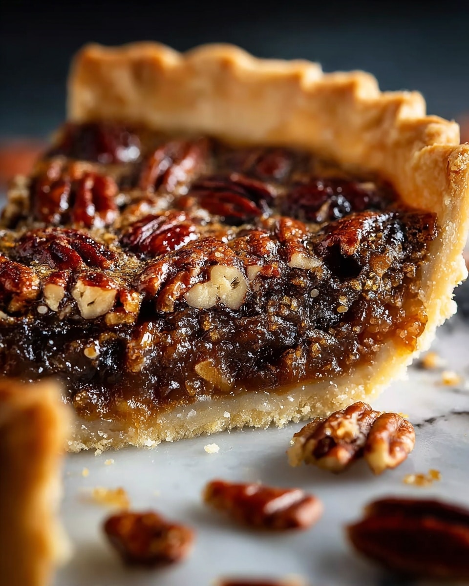 The image shows a close-up view of a pecan pie slice with three distinct layers. The bottom layer is a light golden, crumbly crust with a slightly rough edge. Above it is a thick, gooey, amber-brown filling that looks sticky and rich. The top layer is made up of whole, glossy pecans that are dark brown, with some pieces broken to show their texture, arranged tightly across the surface. The pie is set on a white marbled texture, with some pecan pieces scattered nearby. The lighting highlights the shiny, syrupy texture of the filling and the nuts' natural glossiness. photo taken with an iphone --ar 4:5 --v 7
