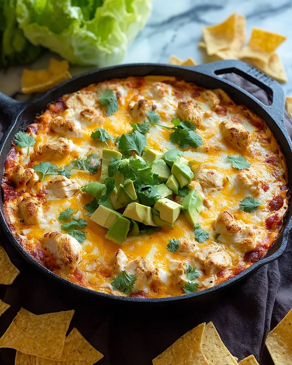 A black cast-iron skillet holds a layered dish starting with a base of red tomato sauce that is partially visible through melted yellow cheese spread evenly on top. Large chunks of white cooked chicken are scattered across the surface. Small green avocado pieces are placed randomly along with fresh green cilantro leaves. Tortilla chips are tucked along the edge of the skillet, evenly spaced, with some chips also scattered around the skillet on a dark cloth. The background shows a head of green lettuce slightly out of focus on a white marbled surface. Photo taken with an iphone --ar 4:5 --v 7