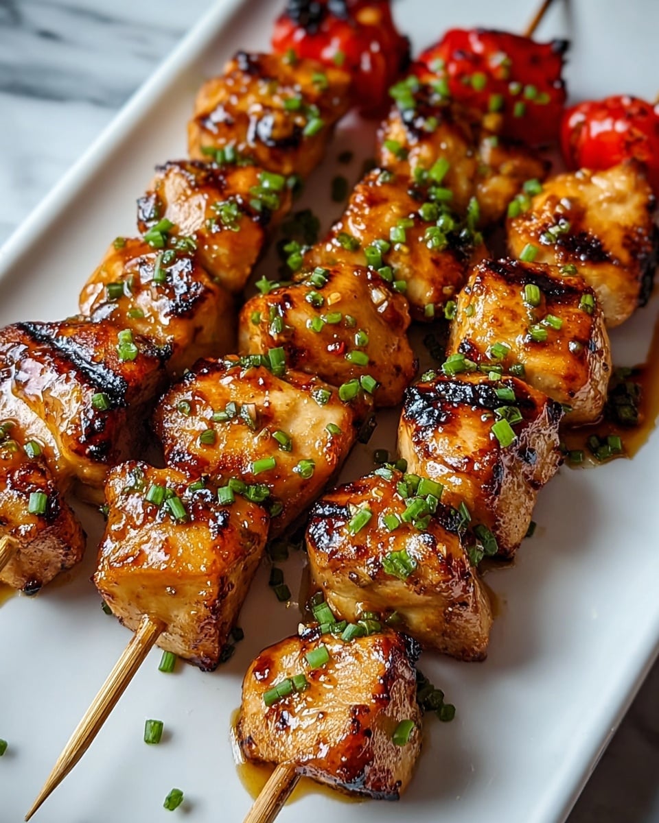 A white rectangular plate holds four wooden skewers of grilled chicken pieces, each skewer with about five to six chunks of golden-brown chicken with charred edges, glistening with a sticky sauce. Small bits of bright green chopped chives are sprinkled over the chicken, adding color and texture. One skewer includes some grilled red cherry tomato pieces, providing a pop of red among the warm tones of the chicken. The plate is set on a white marbled surface. photo taken with an iphone --ar 4:5 --v 7