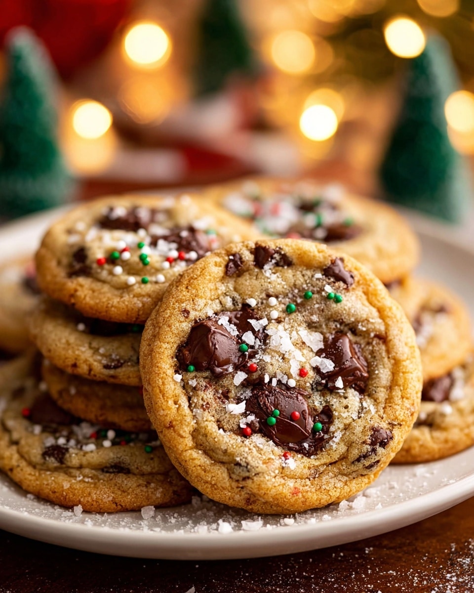 A white plate holds a stack of five golden brown chocolate chip cookies, each cookie topped with patches of melted dark chocolate chips and sprinkled with coarse sea salt flakes. Scattered small red, green, and white round sprinkles add a festive touch across the cookies’ slightly crispy edges and soft centers. The background is softly blurred with warm glowing lights and miniature green Christmas tree decorations, creating a cozy holiday mood. Photo taken with an iphone --ar 4:5 --v 7