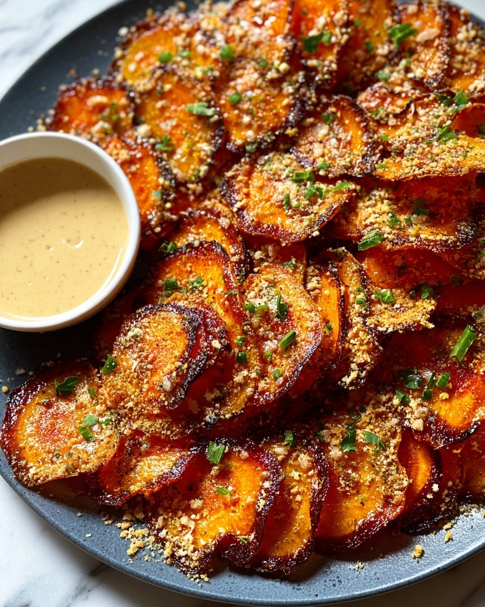 A close-up view of a plate filled with thinly sliced, crispy roasted carrots arranged in layered overlapping rows, showing a rich orange color with charred dark edges. The carrots are sprinkled with a light dusting of golden, crumbly cheese and small green herb leaves scattered evenly on top. To the side of the plate is a small white bowl containing a creamy, light beige sauce. The whole scene is set on a white marbled surface. photo taken with an iphone --ar 4:5 --v 7