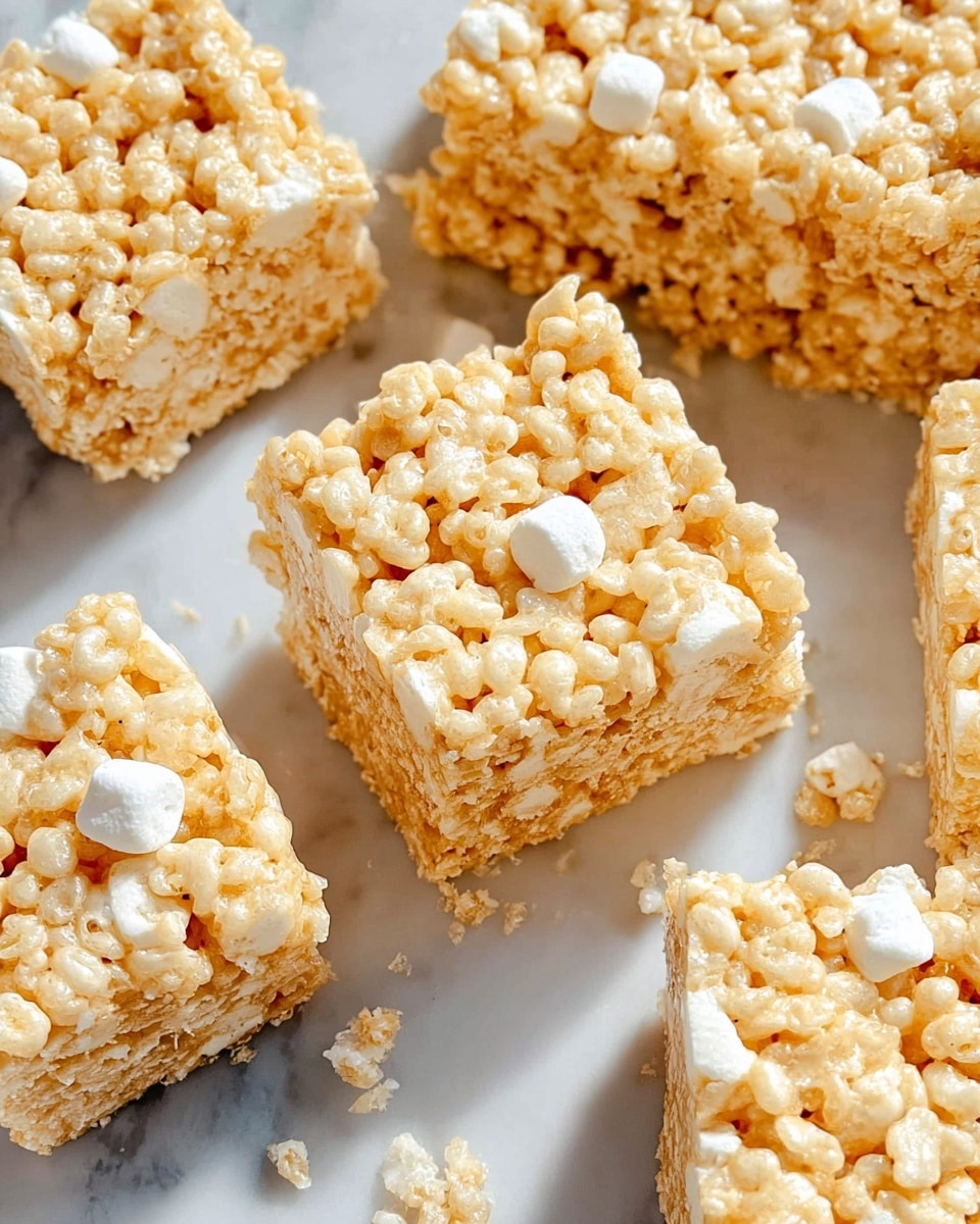 The image shows several square rice crispy treats closely placed on a white marbled surface. Each treat has one visible layer made of light golden crispy rice cereal mixed evenly with small white marshmallow pieces, giving them a bumpy and crunchy texture. The treats have squared edges with some crumbs scattered around, highlighting their homemade look. The lighting brightens the golden cereal while keeping the white marshmallows distinct. Photo taken with an iphone --ar 4:5 --v 7