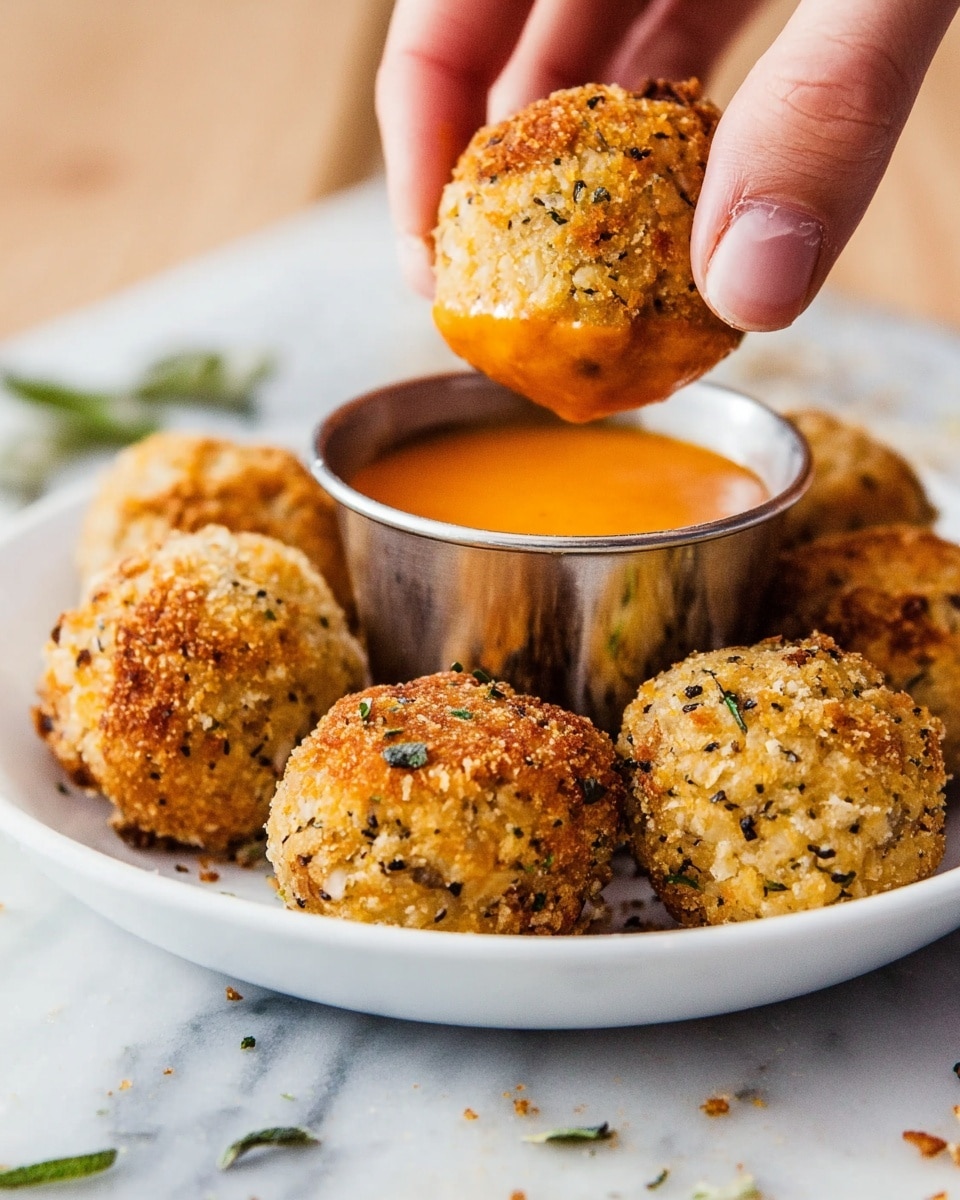 A close-up image shows a woman's hand dipping a round, golden-brown crispy ball into a small stainless steel cup filled with bright orange sauce. Several of these crispy balls, textured with green and black herbs, are stacked on a white plate. The plate sits on a white marbled surface with some herb bits scattered around, adding to the casual and appetizing feel. Photo taken with an iphone --ar 4:5 --v 7