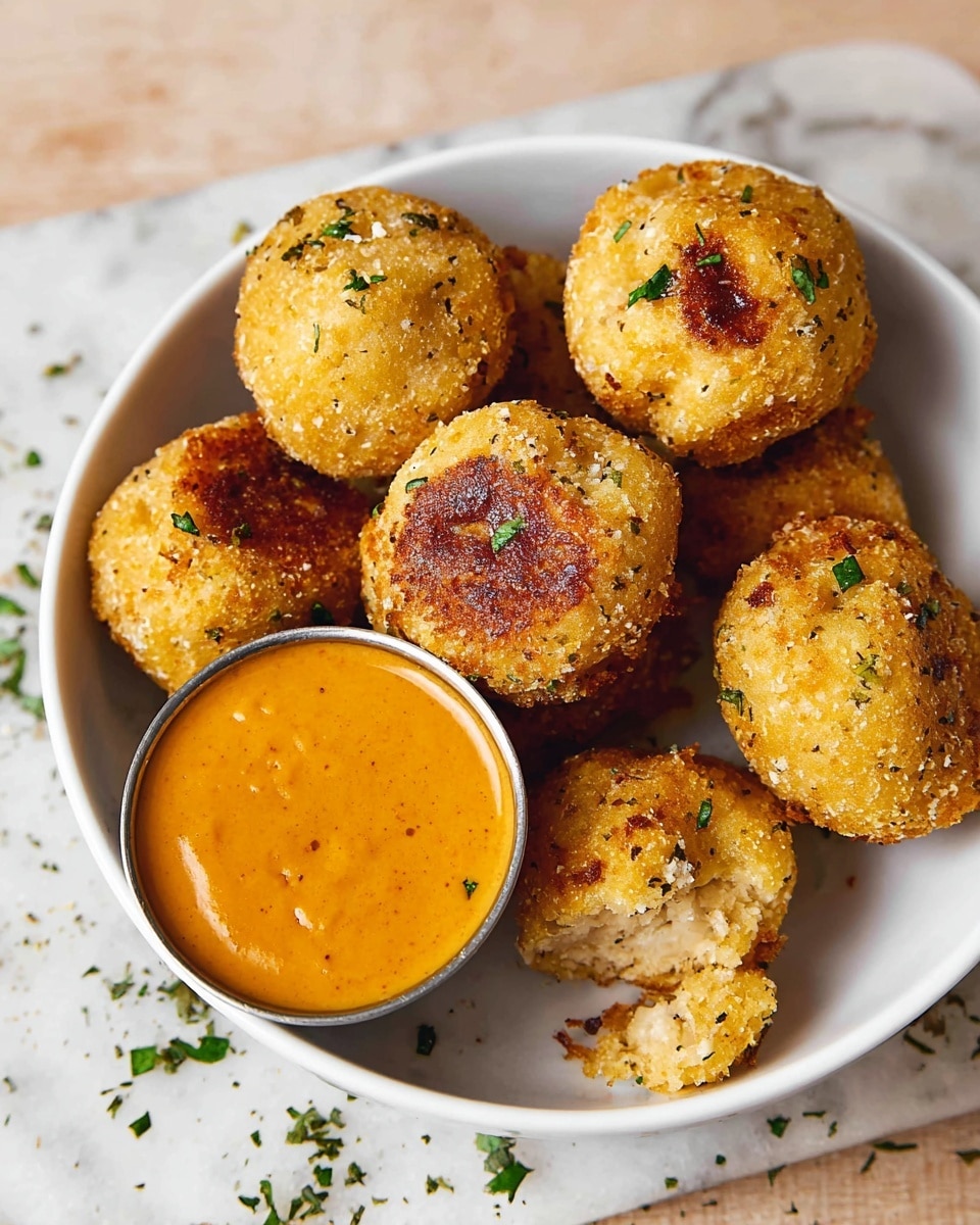 A white bowl is filled with about eight round, golden-brown fried balls, each with a slightly rough texture and sprinkled with small green herb pieces. Some of the balls show a browned side and one ball is partially dipped in a smooth, thick orange sauce that sits in a small silver container inside the bowl. The bowl is placed on a white marbled surface with a few scattered crumbs and herbs around it. photo taken with an iphone --ar 4:5 --v 7
