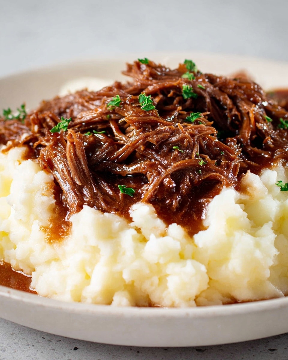 A close-up view of a white plate filled with two main layers: a creamy, fluffy mashed potato layer that is smooth with small lumps, topped with a rich, dark brown shredded beef layer. The beef looks moist and tender, covered in a glossy sauce, and is sprinkled with small green herb pieces for garnish. The plate is set on a white marbled surface, capturing the textures and colors clearly in natural light. photo taken with an iphone --ar 4:5 --v 7