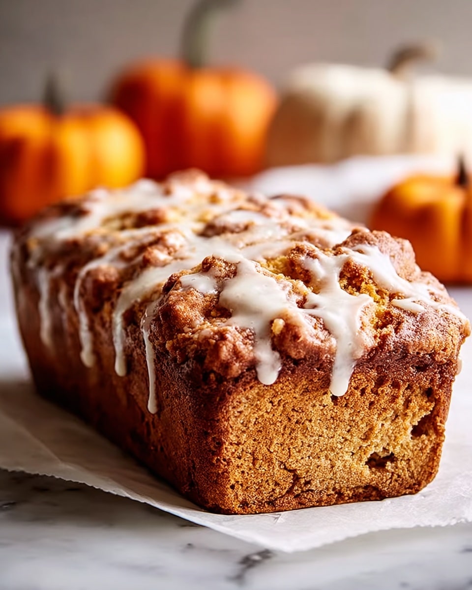 A rectangular loaf cake sits on a piece of white parchment paper over a white marbled texture. The cake has a golden-brown crust with a slightly crumbly texture and is topped with a light dusting of cinnamon sugar. White icing is drizzled unevenly across the top in thin lines, adding a glossy contrast to the matte surface. In the blurred background, there are small orange pumpkins and a green apple, enhancing the warm, cozy autumn feel. photo taken with an iphone --ar 4:5 --v 7