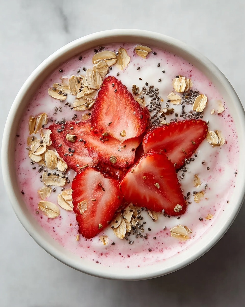 A white bowl filled with a creamy pink yogurt base, sprinkled with several large, bright red strawberry slices arranged in the center, topped with small black chia seeds and light brown rolled oats scattered evenly over the top. The yogurt has a smooth texture with slight ripples of blended strawberry juice around the edges. The bowl sits on a white marbled surface, giving a clean and fresh look. photo taken with an iphone --ar 4:5 --v 7