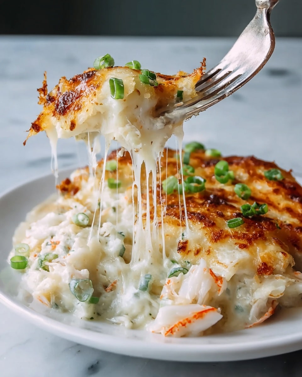 A white plate holds a creamy, baked crab dish with a golden-brown, slightly crispy top layer scattered with small green onion pieces. Below the browned layer is a thick, stretchy white cheese layer melting softly, visible as it is pulled up by a fork. Under the cheese, tender chunks of white crab meat with hints of orange are mixed into the creamy sauce. The setting is on a white marbled surface. photo taken with an iphone --ar 4:5 --v 7