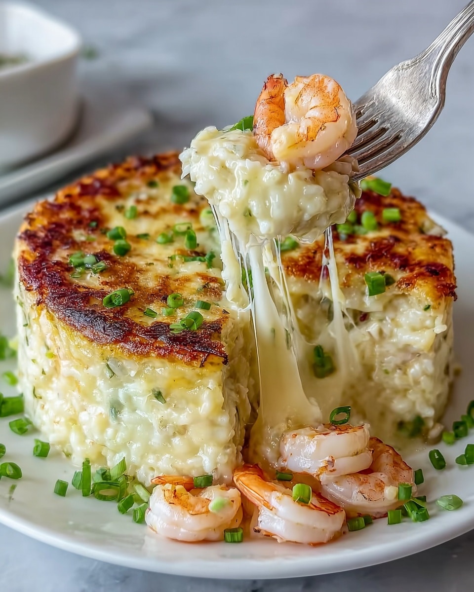 The dish is a round, creamy, baked risotto cake served on a white plate set on a white marbled surface. It has about three layers visible: the bottom layer is a soft, dense mixture of creamy white risotto, the middle contains a rich, gooey melted cheese layer that stretches as a fork lifts a bite, and the top layer is a golden-brown crust with slightly charred spots, sprinkled with chopped green onions. On top of the lifted forkful sits a small, light pink shrimp. Additional shrimp and green onion pieces are spread around the plate’s base. photo taken with an iphone --ar 4:5 --v 7
