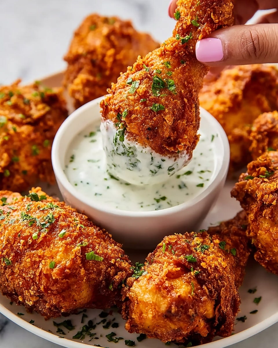 A close-up image of golden brown crispy fried chicken drumsticks garnished with small green herb pieces, resting on a white plate with a white marbled texture background. One drumstick is held by a woman's hand with pink painted nails, dipped halfway into a small white bowl filled with a creamy white sauce speckled with chopped green herbs. Additional drumsticks surround the bowl, all showing a crunchy textured coating with uneven, crispy breading layers. photo taken with an iphone --ar 4:5 --v 7
