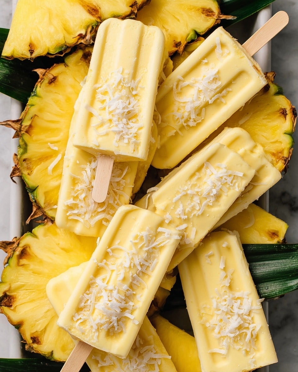 The image shows a pile of creamy yellow popsicles with wooden sticks lying over a bed of bright yellow pineapple slices with green leaves. Each popsicle has a smooth, slightly glossy texture, with a few splashes of white shredded coconut scattered on top and around. The pineapple slices have rough skin edges and juicy, fibrous flesh visible. The whole scene rests on a surface with a white marbled texture. photo taken with an iphone --ar 4:5 --v 7