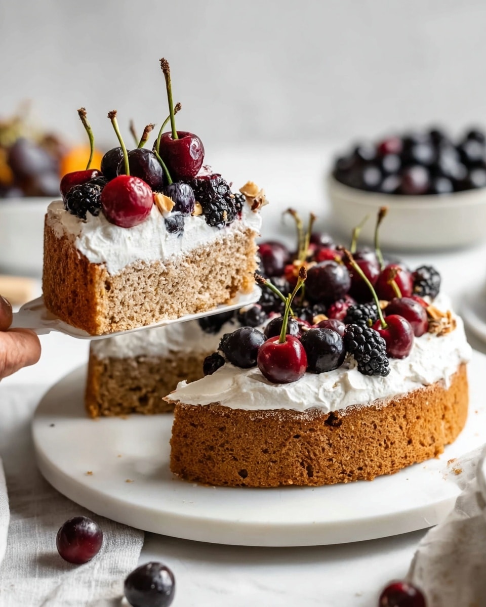 The image shows a slice of cake being lifted from a white round plate on a white marbled surface. The cake has two main layers: the bottom layer is a light brown, soft, and moist cake, topped with a thick, fluffy white cream layer. On top of the cream, there are many fresh dark fruits, including blackberries, dark grapes, and cherries with stems, arranged densely and giving a rich, colorful contrast to the white cream. The woman's hand holding the cake slice is slightly visible on the left side. In the background, there is a white bowl filled with dark grapes. The photo has soft natural light highlighting the textures. photo taken with an iphone --ar 4:5 --v 7