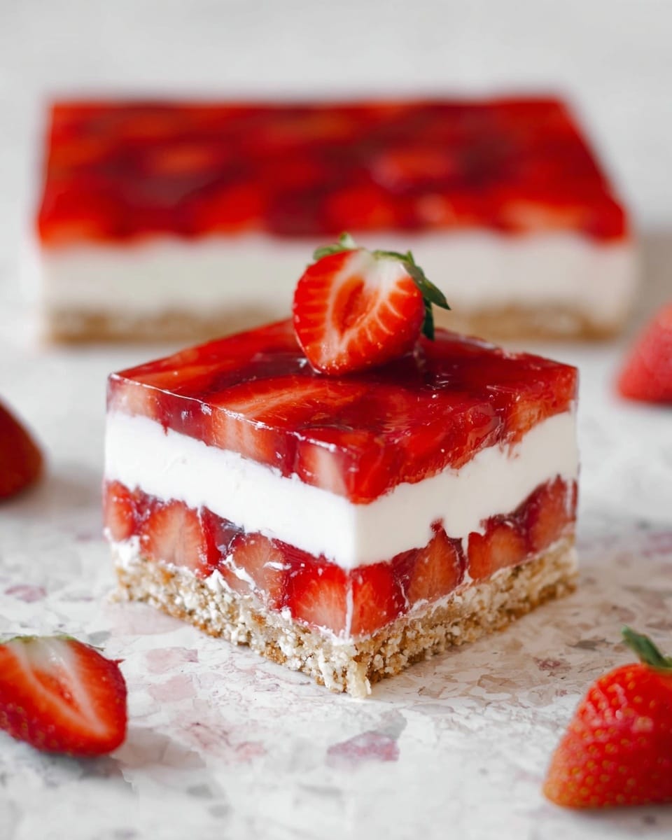 The image shows a dessert made of three layers, stacked on top of each other. The bottom layer is a light brown crumbly base, the middle layer is thick and white with a creamy texture, and the top layer is glossy red jelly with sliced strawberries embedded inside. On top of the stack, there is a fresh strawberry cut in half, placed as decoration. The dessert is placed on a white marbled surface, scattered with whole strawberries around it. The overall look is fresh and colorful with a clean background. photo taken with an iphone --ar 4:5 --v 7