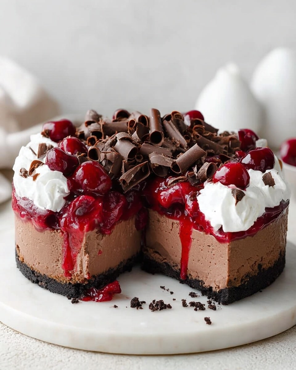 The image shows a thick layered chocolate cheesecake on a white round plate, set on a white marbled surface. The bottom layer is a dark, crumbly chocolate crust, topped by a dense, smooth milk chocolate cheesecake filling. Above that is a layer of bright red cherry topping with whole cherries and dripping cherry juice. On top of the cherries is a fluffy white whipped cream layer, crowned with many curled pieces of dark chocolate arranged in a heap. A slice has been removed, revealing the inside layers clearly. In the background, there is a soft-focus white object. Photo taken with an iphone --ar 4:5 --v 7