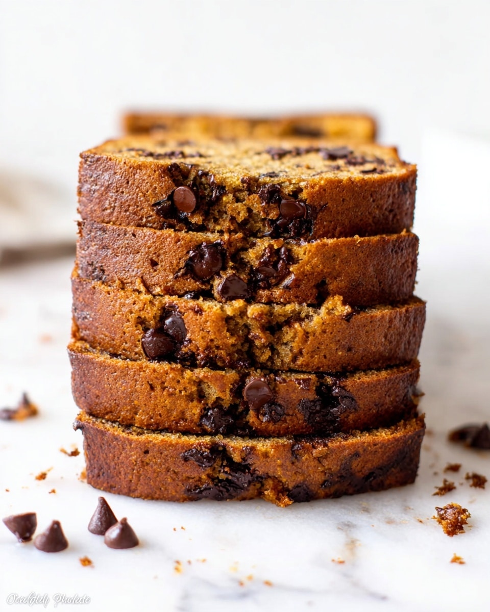 A stack of four thick slices of chocolate chip banana bread sits directly on a white marbled surface, showing a golden-brown crust with a slightly cracked texture on the outside and a moist, soft interior filled with dark chocolate chips scattered throughout each slice. Around the stack, a few loose chocolate chips are scattered casually on the surface. The focus is tight on the slices, highlighting the crumbly texture and rich chocolate pieces, with a bright, clean background that emphasizes the warm tones of the bread. Photo taken with an iphone --ar 4:5 --v 7