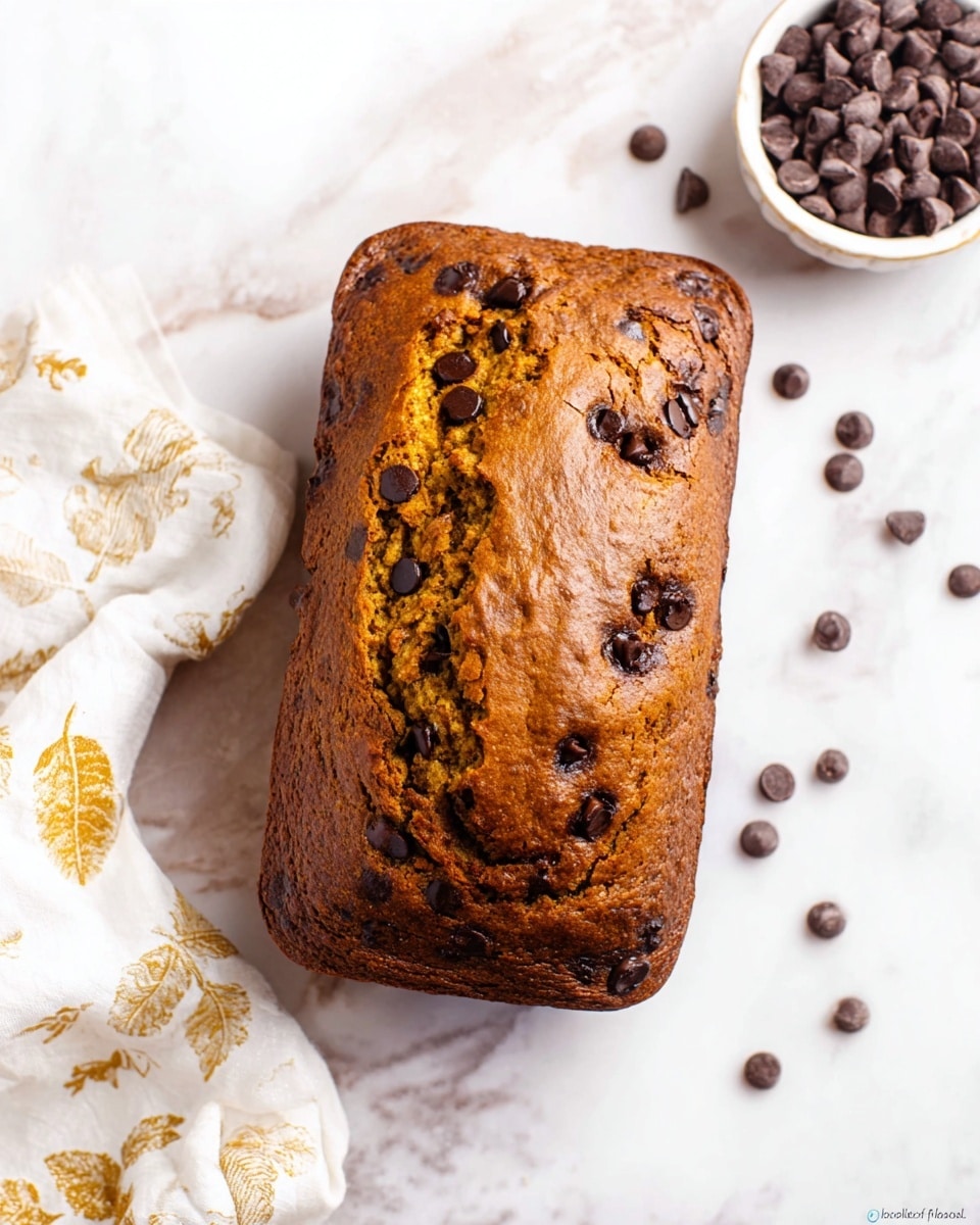 A single loaf of pumpkin bread sits on a white marbled surface, with a cracked top layer revealing a moist, golden-brown interior mixed with dark chocolate chips scattered both inside and on top. The loaf has a slightly rough texture on the edges, with a deeper browned crust around the sides. Nearby, loose chocolate chips are scattered around, with some in a small white bowl on the side. A white cloth with a simple gold leaf pattern is placed beside the loaf, softening the scene. photo taken with an iphone --ar 4:5 --v 7