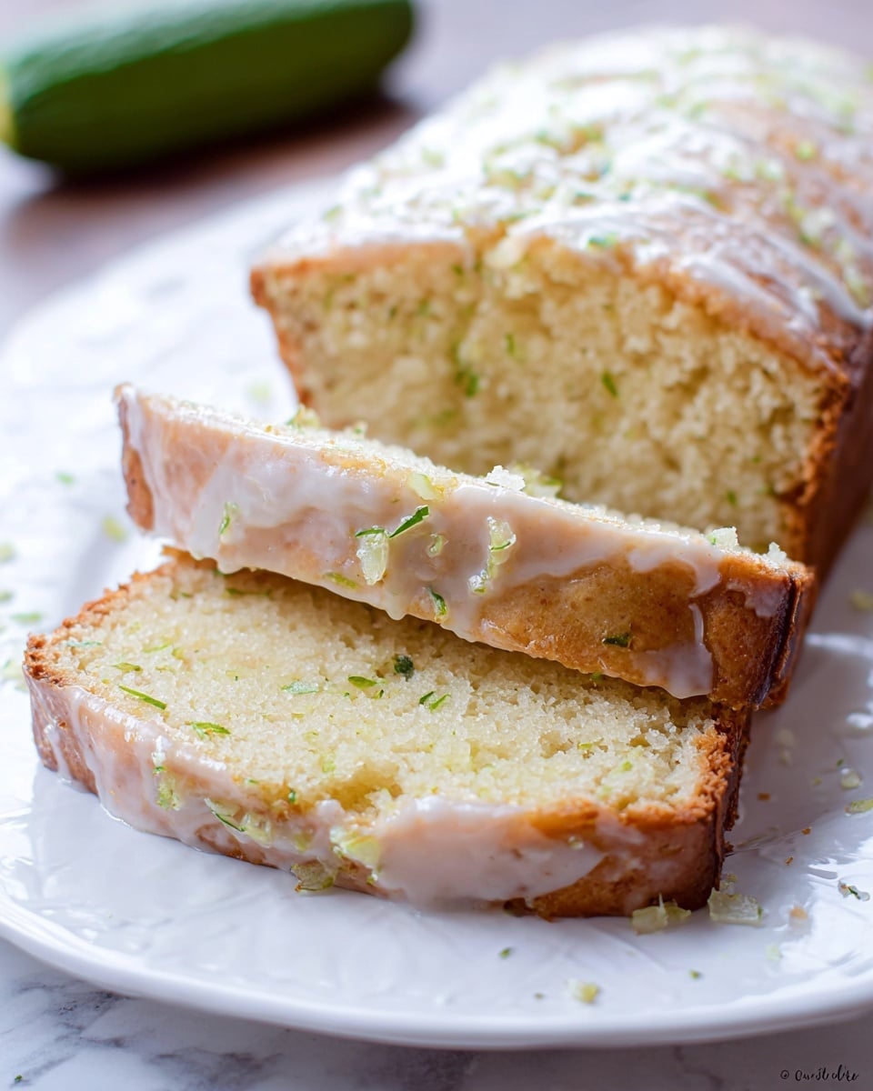 A white plate holds two slices and a loaf of light golden cake with a soft, moist texture. The cake has bits of green zest inside, and the top is covered with a thin layer of white glaze, which drips slightly over the edges. The glaze is topped with small flakes and specks of green zest scattered on top. The background features a white marbled texture with a blurry green cucumber visible in the distance. Photo taken with an iphone --ar 4:5 --v 7