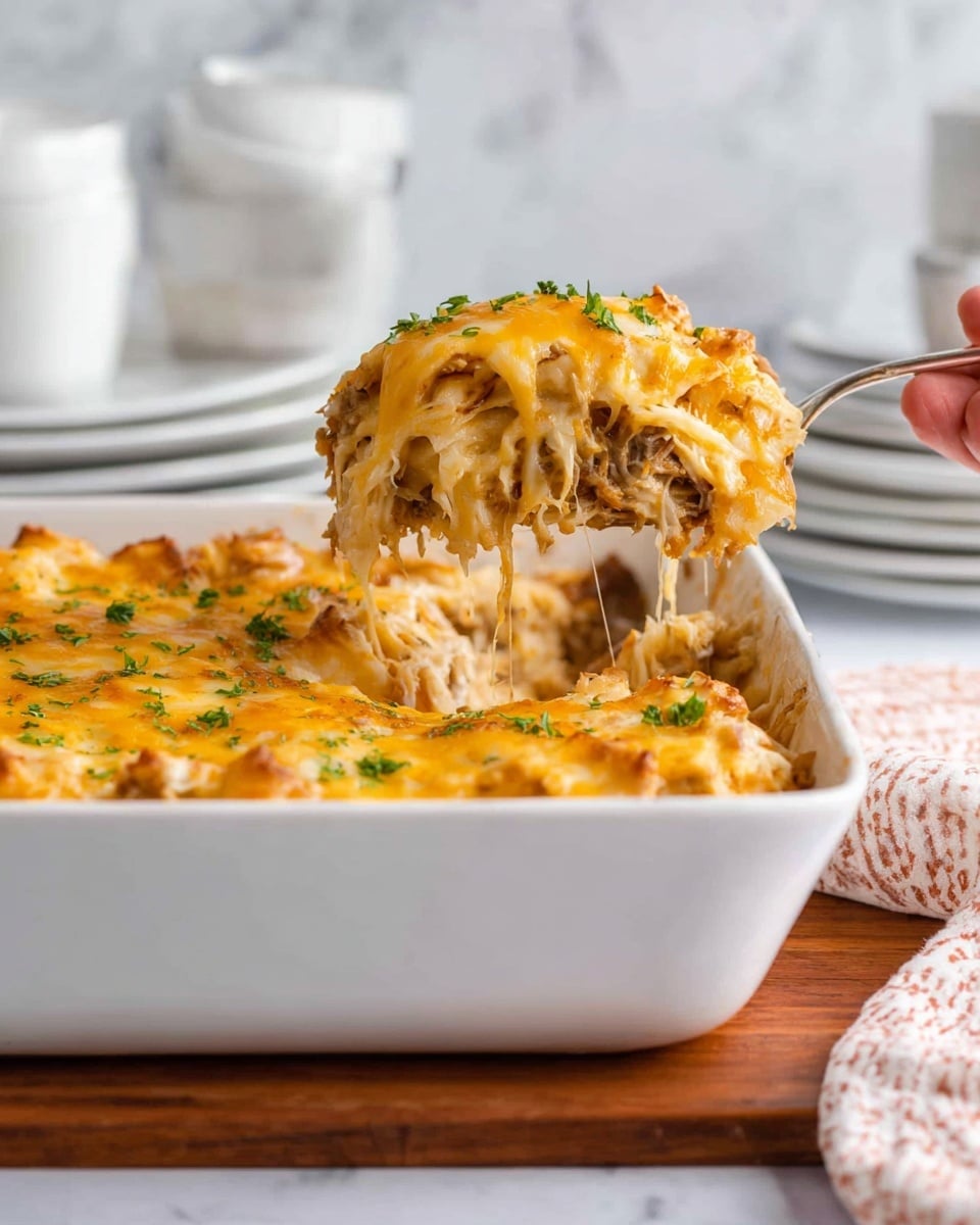 A white rectangular dish filled with a cheesy casserole that has three visible layers: a golden melted cheese top layer with a slightly glossy texture and small green herb bits sprinkled over it, a middle layer of shredded white ingredients mixed with some browned pieces, and a bottom layer that appears creamy and soft. A woman's hand is holding a large serving spoon lifting a portion out, showing the layers stretched slightly with melted cheese strands. The dish rests on a wooden board, and the background is a white marbled texture with blurred white dishes and utensils. Photo taken with an iphone --ar 4:5 --v 7