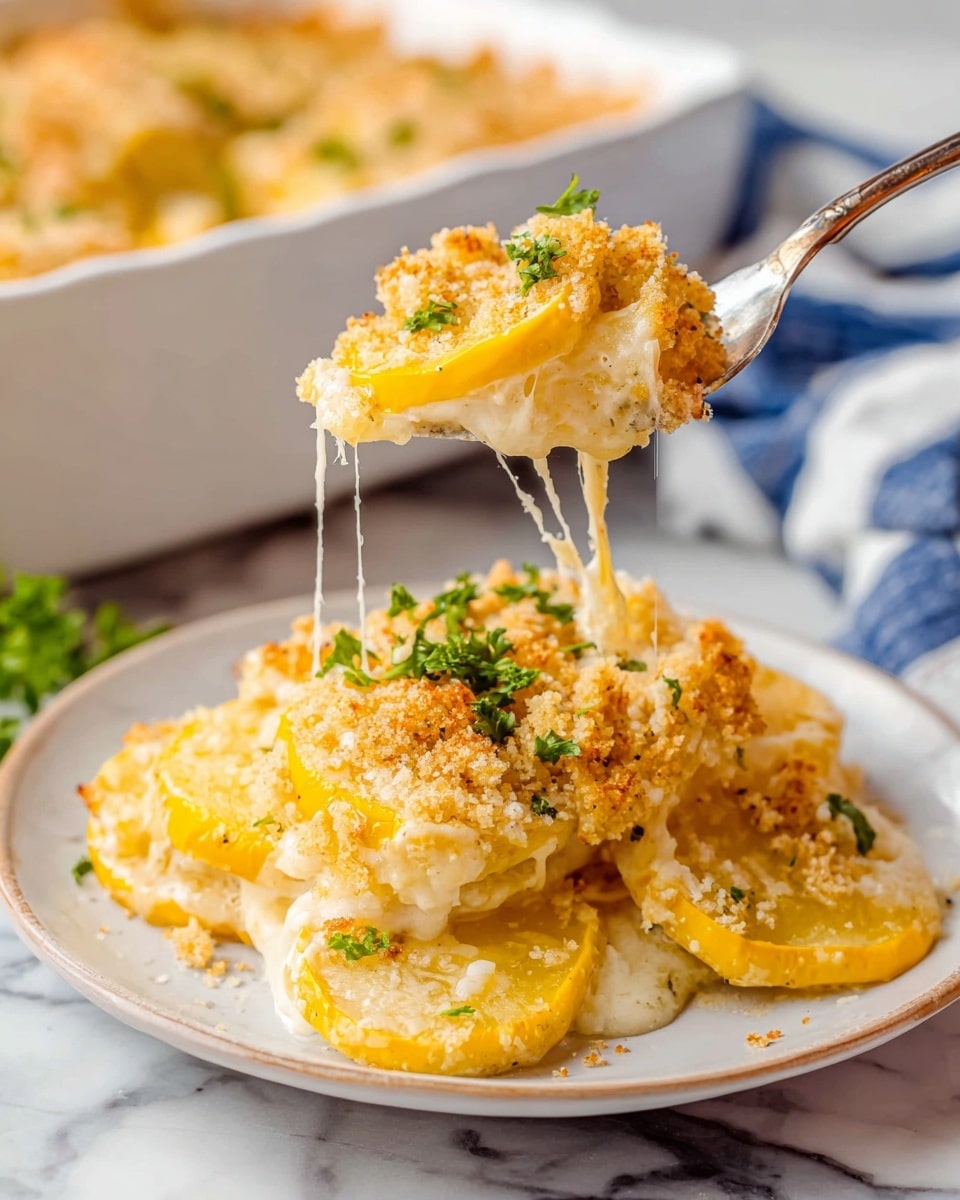 A white plate holds a serving of yellow squash casserole with three visible layers: the bottom layer is sliced yellow squash rings, soft and bright yellow; the middle layer is creamy white cheese sauce between the squash slices; the top layer is a golden brown crumbly breadcrumb topping with melted cheese strands, sprinkled with fresh green parsley bits. A silver fork lifts a portion of the casserole showing these layers clearly, with some cheese stretching from the plate to the fork. The scene has a white marbled surface underneath and a blurred casserole dish in the background, with a white and blue cloth partially visible. photo taken with an iphone --ar 4:5 --v 7