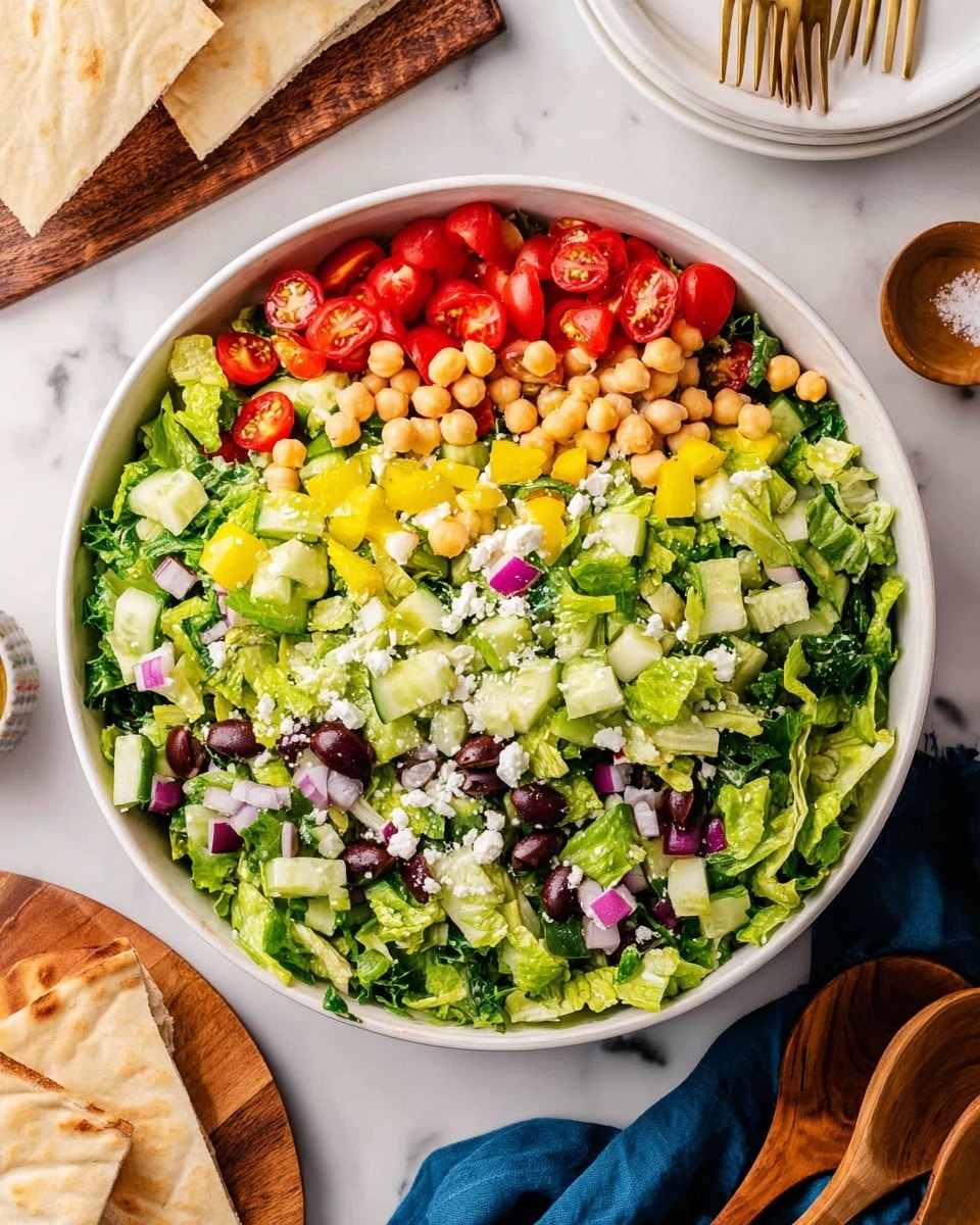A large white bowl filled with a fresh salad showing three main layers: the bottom layer is bright green chopped romaine lettuce with crisp texture, the middle layer holds small chunks of light green cucumber and yellow bell pepper, and the top layer consists of vibrant red cherry tomatoes, beige chickpeas, black olives, chopped red onion, and small bits of crumbly white feta cheese scattered evenly. The bowl sits on a white marbled surface alongside a stack of white plates with forks, some wooden spoons with salt, pieces of flatbread on a wooden board, and a navy blue cloth napkin near the bottom right corner. Photo taken with an iphone --ar 4:5 --v 7